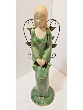 Vtg Ceramic Green Gardening 14.5" Tall Angel Figurine With Metal Leaf Wings